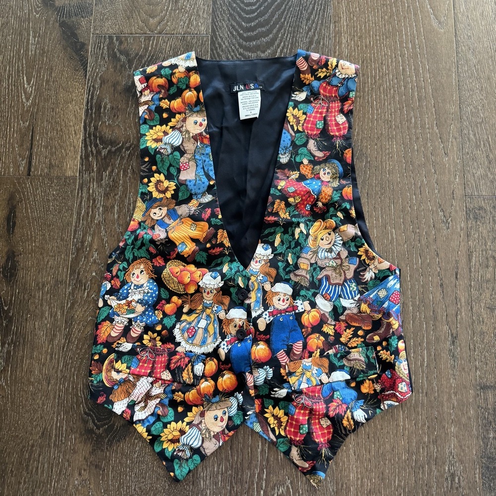 Vtg JLN USA ‎ Vest Sz S Pumpkins Raggedy Ann Like Scarecrow Fall Autumn Festive